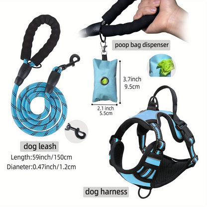 3-Piece No Pull Harness Set - Secure, Escape-Proof Design with Soft-Padded Comfort, Hands-Free Leash & Built-In Poop Bag Dispenser for Medium to Large Dogs