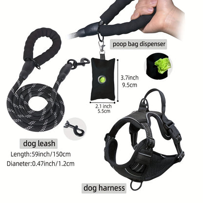 3-Piece No Pull Harness Set - Secure, Escape-Proof Design with Soft-Padded Comfort, Hands-Free Leash & Built-In Poop Bag Dispenser for Medium to Large Dogs